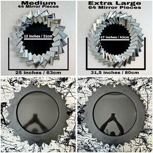 May include: Two round mirrors with a sunburst design made of small mirror pieces. The smaller mirror is 12 inches in diameter and has 44 mirror pieces. The larger mirror is 17 inches in diameter and has 64 mirror pieces.