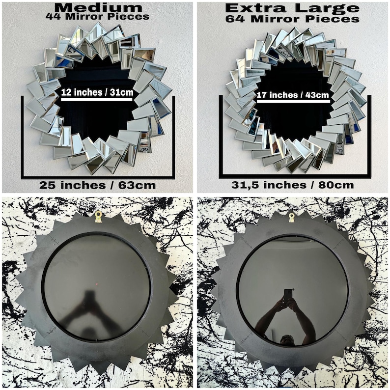 May include: Two round mirrors with a sunburst design made of small mirror pieces. The smaller mirror is 12 inches in diameter and has 44 mirror pieces. The larger mirror is 17 inches in diameter and has 64 mirror pieces.