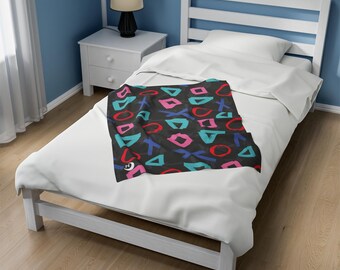 Plush Blanket with Playstation Controller Inspired Design, Gamer Gift, Game Room Decor