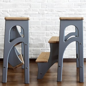 Escalera de madera - Taburete plegable para el hogar y la cocina, escalera con asiento y peldaños de roble, silla de comedor, escalones de biblioteca, taburete de madera