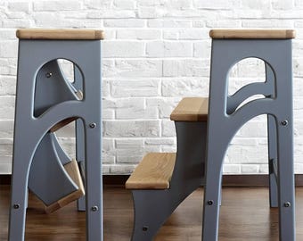 Wood Stepladder - Folding Step Stool for Home and Kitchen, Stool Ladder with Oak Seat & Steps, Dinning Chair, Library Steps, Wooden Stool