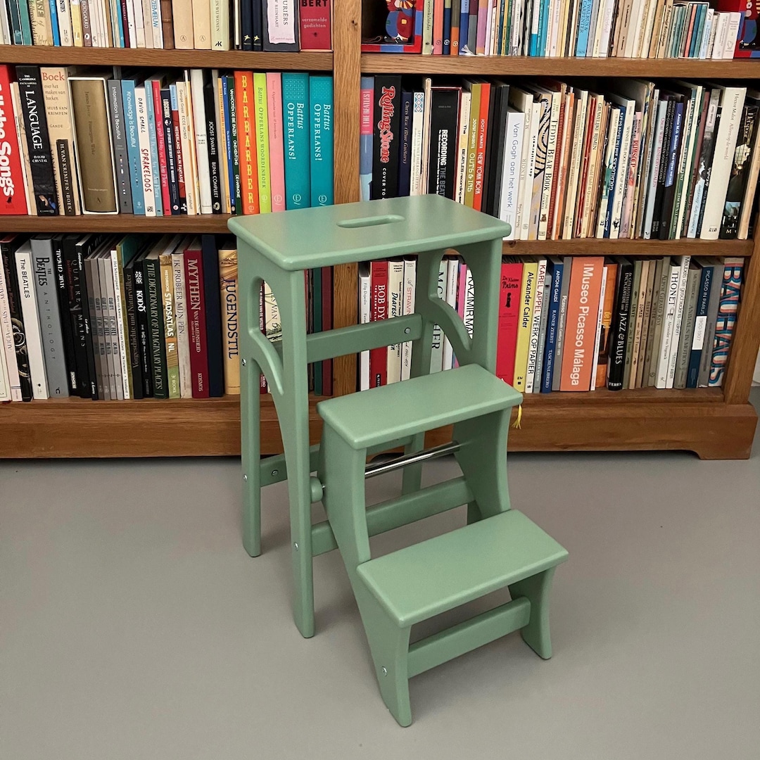 Stepladder, Sage Green, Wooden Kitchen Step Stool, Folding Ladder ...