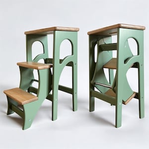 Stepladder Sage Green Wooden Step Stool Chair Adults Pantry Ladder Library Steps Fold Out Stool Ladder Dining Chair Kitchen Stepping Stool