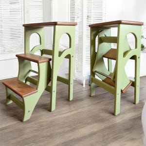 Wooden Folding Stepladder for Adults, Kitchen Step Stool with Oak Seat and Steps, Stool Ladder for Home, Library Steps, Compact Ladder Chair