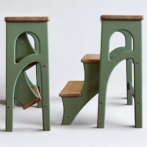 Wooden Stepladder, Sage Green, Folding Kitchen Step Stool, Wood Ladder, Library Steps, Dining Chair, Plant Stand