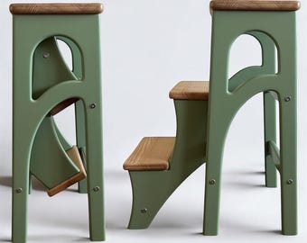 Hölzerne Trittleiter, Salbeigrün, klappbare Küchenstufe, Hocker, Holzleiter, Bibliotheksstufen, Esszimmerstuhl, Pflanzenständer