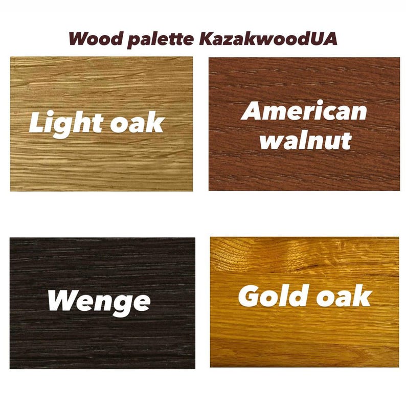 May include: A wood palette from KazakwoodUA featuring four wood samples. The samples are labeled "Light oak", "American walnut", "Wenge", and "Gold oak". Each sample displays the wood grain and color variations.
