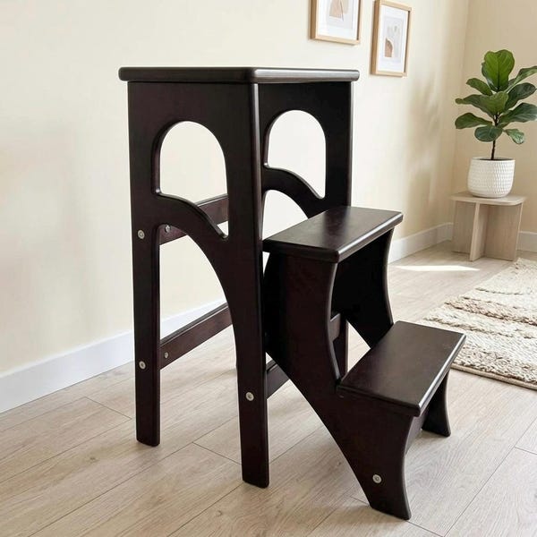 Taburete de madera, escalera de cocina, escalera de nogal, silla de comedor plegable, escalones de biblioteca, soporte para plantas