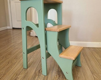 Wooden Stepladder, Sage Green Folding Step Stool with Oak Hidden Steps, Library Steps, Ladder Chair
