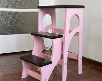 Trapladder, houten opklapbare opstapkruk, keukenopstapladder, walnotenhouten bibliotheektrap, eetkamerstoel, houten ladder