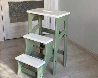 Houten opklapbare trap, saliegroen, keukenkrukje, houten eetkamerstoel, bibliotheektrapje, plantenstandaard, handgemaakte ladder