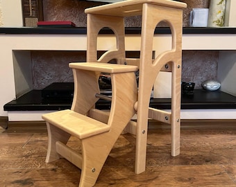 Convertible Wood Stepladder Stool, Oak Step Stool for Adults and Home, 2-in-1 Ladder Chair, Handmade Stool Ladder, Library Steps, Sage Green