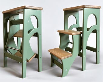 Scala a pioli in legno, sgabello pieghevole verde salvia con gradini nascosti in rovere, gradini da biblioteca, sedia a scala