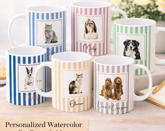 Taza personalizada con retrato de mascota en acuarela, taza de café personalizada con estampado de rayas vintage