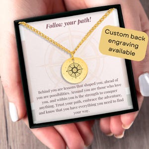 Follow Your Path Necklace, Compass Necklace, Graduation Gift, Engraved Necklace, 18K Gold Compass Pendant, Encouragement Gift