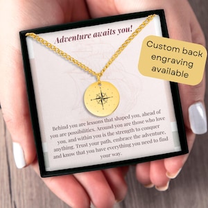 Adventure Awaits You, Compass Necklace, Graduation Gift, Engraved Necklace, 18K Gold Compass Pendant, New Beginning Gift