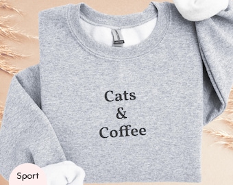Embroidered Cats & Coffee Crewneck Sweatshirt, Minimalist Cat Lover Gift