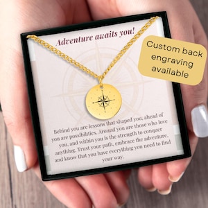Adventure Awaits You, Compass Necklace, Graduation Gift, Engraved Necklace, 18K Gold Compass Pendant, New Beginning Gift