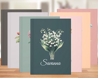 Personalized Birth Flower Month Hardcover Journal, Name and Quote Notebook, Thoughtful Gift