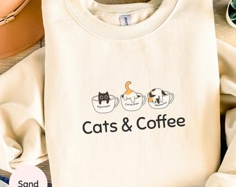 Cats & Coffee Crewneck Sweatshirt, Minimalist Cat Lover Gift