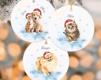 Adorno fotográfico personalizado de acuarela para mascota con gorro de Papá Noel, recuerdo conmemorativo personalizado