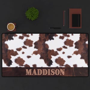 Personalized Cow Print Desk Mat: Western Office Decor