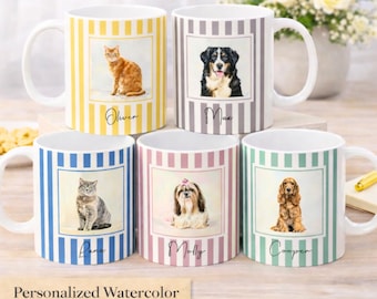 Taza moderna con foto de mascota en acuarela, taza vintage a rayas con retrato de mascota, regalo de recuerdo para mascotas