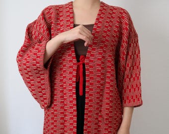 Vintage Red Kimono Cardigan – Japanese Inspired Open Front Jacket with Tie Closure