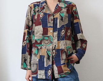 Camisa con estampado abstracto vintage y blusa con bloques de color geométricos
