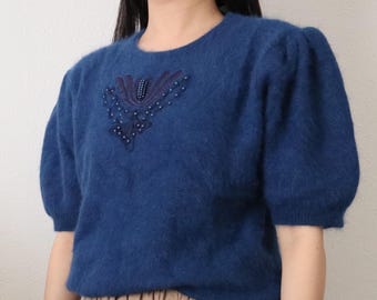 Vintage Navy Blue Mohair Short Sleeve Sweater – Embroidered Beaded Detail