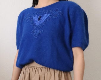 Vintage Royal Blue Angora Knit Top with Embroidered Beaded Detail