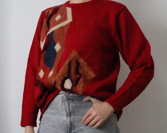 Vintage Red Abstract Wool Sweater – Bold Graphic Pullover – Retro Artsy Knit Jumper