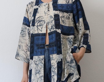 Vintage Zodiac Print Japanese Kimono Blouse – Blue Astrology Oversized Shirt