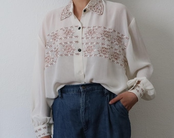 Vintage Korean White Blouse with Brown Floral Embroidery & Black Buttons