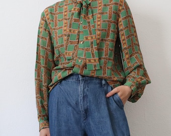 Vintage Green Geometric Print Blouse with Button Front