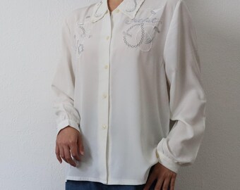 Vintage Embroidered White Blouse with Script and Chain Motif