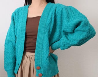 Vintage Teal Cable Knit Cardigan – Oversized & Cozy Knitwear