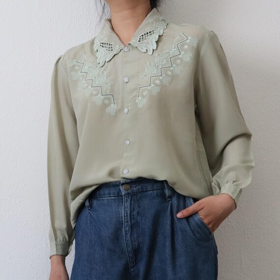 Vintage Sage Green Blouse with Heart and Floral Embroidery – Sheer Long Sleeve Shirt – 80s Romantic Collar Button-Up Top