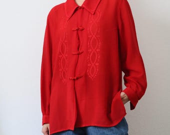 Vintage Red Blouse with Embroidered Details & Frog Button Closures