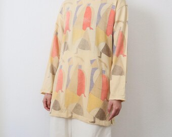 Vintage Art Print Long Sleeve Top – Abstract Walking Figures Shirt