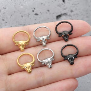 Aro para tabique con bisagras de cabeza de toro de 16 g, anillo para tabique de titanio, aro para pendiente Daith, aros de plata, oro y negro, anillo para perforación de tabique de 1,2 mm