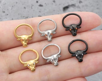 16G Bull Head Hinged Septum Clicker, Titanium Septum Ring, Daith Earring Hoop, Silver Gold Black Hoop Earrings, 1.2mm Septum Piercing Ring
