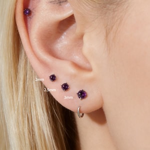 Natural Amethyst Threadless Labret, ASTM F136 Titanium Push Pin Stud, Flat Back Cartilage Earring, 16G 18G 20G Helix Tragus Piercing Jewelry