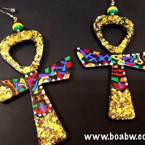 Disco Gold Afrocentric Ankh Earrings (Hand Painted Earrings) Natural Hair Earrings Wearable Art BOABW