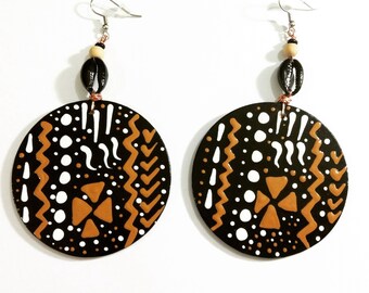 Mudcloth Black Cowrie Earrings (Afrocentric Wearable Art) Hand Painted Handmade (BOABW)