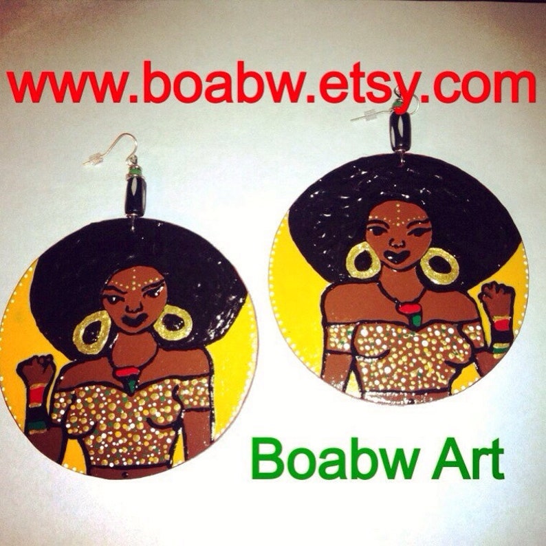 Afrocentric Power Queen Earrings Hand Painted Earrings Hand Drawn Earrings Afro Art Natural Hair Earrings image 1