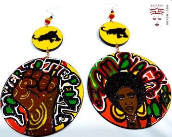 Sista of BlackPower Earrings (Salute to the Women Comrades of the Black Power Movements BOABW Afrocentric Wearable Art Hand Painted Earrings