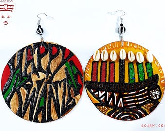 Happy Kwanzaa Earrings (Afrocentric Hand Painted Earrings Wearable Art BOABW Kinara