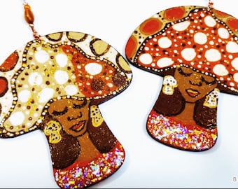 Brown Mushroom Gurls Earrings (Afrocentric Hand Painted Earrings Wearable Art BOABW Magical