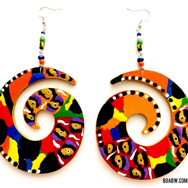 Swirl Colorful Orange  Earrings (Wearable Art) Hand Painted Earrings BOABW